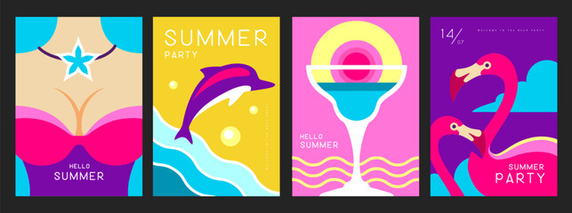 Set of retro summer posters with summer attributes. Cocktail silhouette, flamingo, girl in swimsuit and dolphin silhouette. Vector illustration © annbozhko