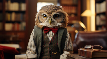 Envision a debonair owl in a tweed vest, paired with a bow tie and a leather satchel. Amidst a backdrop of library shelves, it exudes scholarly charm and intellectual refinement. The ambiance: studiou