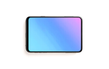 Top view of contemporary tablet displaying radiant gradient screen, lying flat and isolated on white backdrop. Perfect for presenting digital content, app interfaces or mobile designs