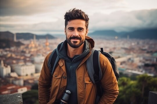 Portrait of a handsome man on the top of a hill in Barcelona, Spain