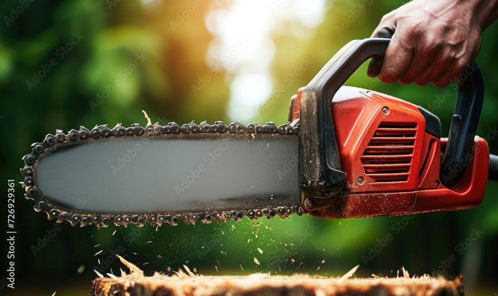 Wall mural workers cutting trees with chainsaws - selective focus