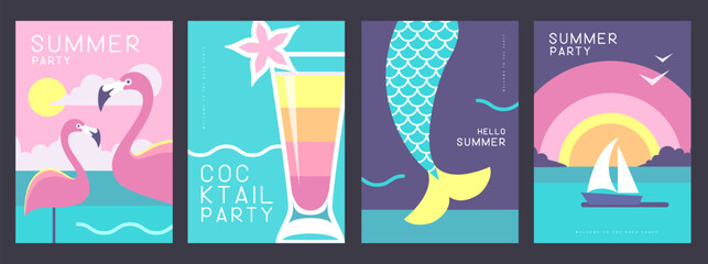 Set of retro summer posters with summer attributes. Cocktail silhouette, flamingo, mermaid tail and ship in the sea. Vector illustration
