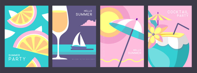 Set of retro posters with summer attributes. Wine glass silhouette, pina colada, fruil slices, beach umbrella and ship. Vector illustration - obrazy, fototapety, plakaty
