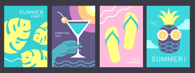 Set of retro posters with summer attributes. Cocktail cosmopolitan, tropic leaf, flip flops and pineapple with glasses. Vector illustration - obrazy, fototapety, plakaty