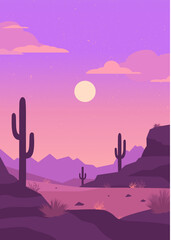 Minimalistic vertical desert landscape with cacti, mountains, plants and stars. Sunset in canyon. Hand drawn style simple shapes vector illustration. Design for poster, postcard. Retro, vintage.