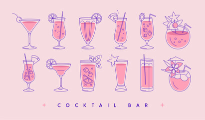 Set of modern line art cocktails in different types of glasses. Cocktail menu design. Vetor illustration