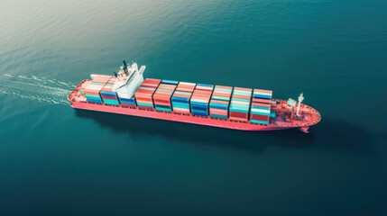 A container cargo ship,  a symbol of international commerce,  seen from above