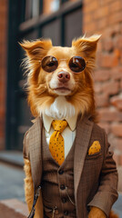 Dapper dog strolls through the city streets in tailored fashion, a charismatic blend of street style. Realistic urban scenery frames this chic canine, merging charm with contemporary flair effortlessl