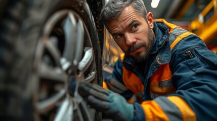 Fototapeta premium Side view of professional male technician explaining problem for customer and touching wheel of broken automobile in repair service