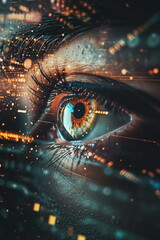 Close-up of female eye looking at data