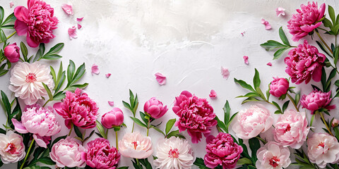 Vibrant pink peonies against a white background with space for text, fitting for Mother's Day, birthdays, or spring celebrations.