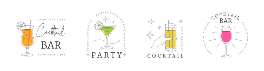 Set of modern line art logo, label or emblem design with different cocktails. Vector illustration