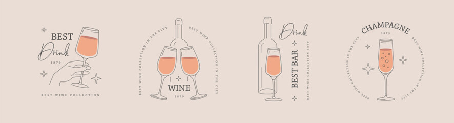 Set of modern line art logo, label or emblem design with wine glass and bottle. Vector illustration