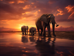 Elephants family walking in sunset