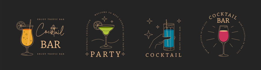 Set of modern line art logo, label or emblem design with different cocktails. Vector illustration - obrazy, fototapety, plakaty