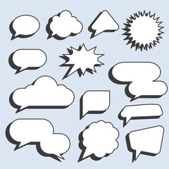 Set of different shapes speech bubbles with shadow. Cartoon, comix, chatting, message boxes design.