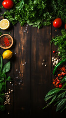 The background of cooking. On a black wooden background. Top view. Free space for your text, Bright color, realistic