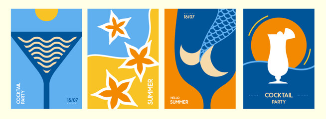 Set of retro summer posters with summer attributes. Cocktail silhouette, mermaid tail, sun in glass. Vector illustration © annbozhko