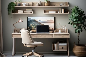 The front view of a home office reveals a wooden desk and shelves on the wall, adorned with a green plant, creating a stylish and nature-inspired workspace.