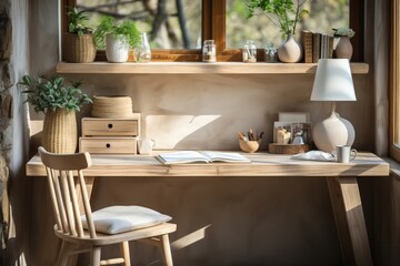 Zoom in on a sunlit wooden desk in a small home office with a rustic interior, offering a close-up view, complemented by a picturesque forest scene visible through the windows.