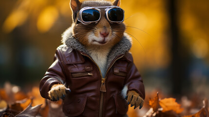 Fototapeta na wymiar Envision a suave squirrel in a leather jacket, accessorized with aviator sunglasses and a motorcycle helmet. Against a backdrop of autumn leaves, it exudes outdoor adventure and urban coolness. The vi