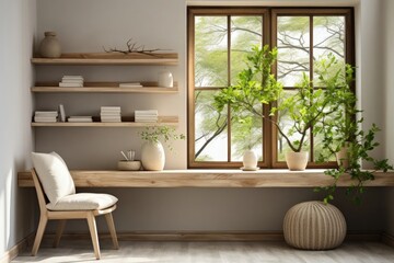 Fototapeta premium Within a home office boasting a rustic wood interior, a wooden desk and shelves harmonize with the natural ambiance, while green plants add a touch of freshness to the workspace.