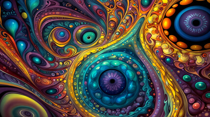 a colorful abstract painting with swirling shapes and patterns. It features a variety of colors, including blue, purple, green, and orange. The shapes are organic and fluid, resembling eyes or bubbles