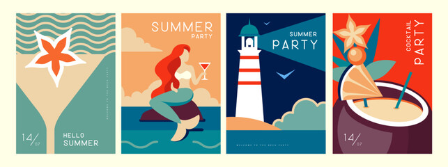 Set of retro summer posters with summer attributes. Cocktail silhouette, pina colada, mermaid, lighthouse and sea. Vector illustration - obrazy, fototapety, plakaty