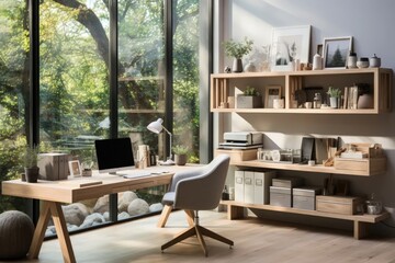 Fototapeta premium A home office features a wooden desk positioned facing a floor-to-ceiling window, offering a tranquil summer green forest view for a refreshing and nature-infused workspace.