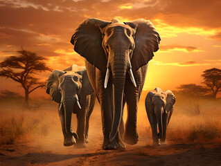 Elephants family walking in sunset