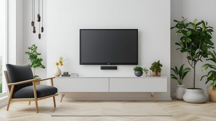 Cabinet for TV on the white wall in living room with armchair,minimal design. Close up aesthetic living room