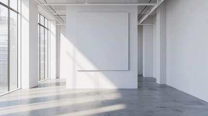 A vacant white room with a mockup of a blank canvas poster positioned on the white wall