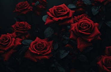 Red roses an leaves on a dark background
