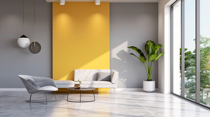Sala de estar de interior de moda con sofá gris y pared amarilla. Piso moderno de diseño minimalista 
