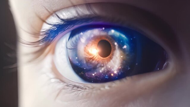 A close-up of a human eye reflecting the nebulae and glimmer of the universe, symbolizing infinite imagination and profound knowledge.
