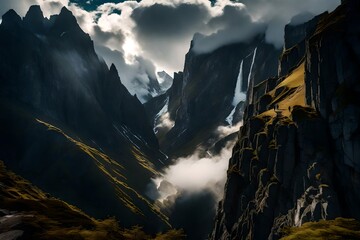 A dramatic mountain peak vista, with jagged cliffs piercing through a blanket of clouds, a...