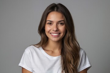 Obraz premium Smiling brunette woman exuding happiness and confidence, embodying beauty and success in business and fashion
