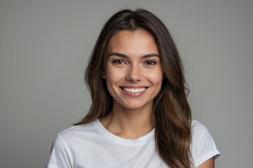 Fototapeta premium Smiling brunette woman exuding happiness and confidence, embodying beauty and success in business and fashion