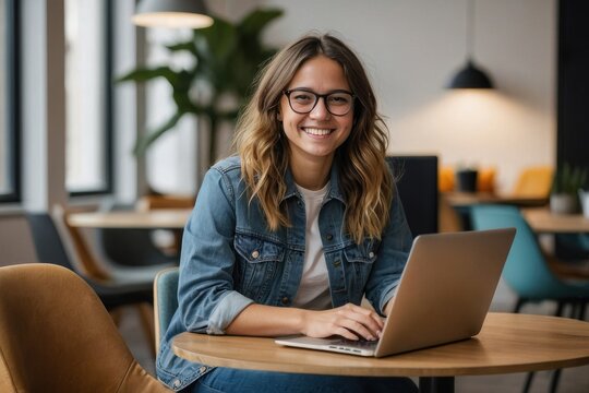 A woman sits in a cafe, working on her laptop with a smile, embodying the essence of modern business and technology in a casual and comfortable setting