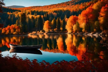A serene lake vista, with a mirror-like surface reflecting the surrounding mountains, vibrant autumn foliage, and a peaceful rowboat gently gliding on the water.