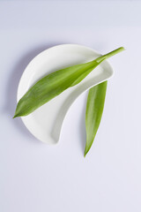 Obraz premium A pastel-toned gray backdrop of empty plate and green leaf ,a view of the top, a decorative podium with a flat line. An empty platform for display cosmetic products, food and props