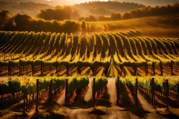 A charming vineyard vista, with rows of grapevines stretching into the distance, the warm hues of...