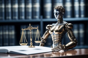 AI Ethics and Law. Judicial Gavel, Laptop with Legal Icons â€“ Online Legal Regulations and AI Control
