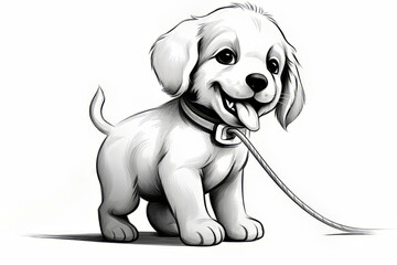 Black and White Drawing of a Puppy Holding a Leash