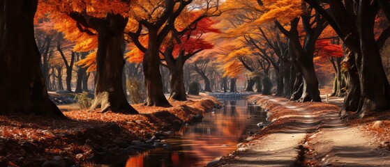 Fantastic autumn landscape with oak forests, trees with orange-red and yellow leaves. - obrazy, fototapety, plakaty