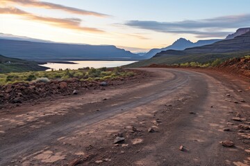 Scenic low-level view of serene empty paved mountain road during golden hour at sunset
