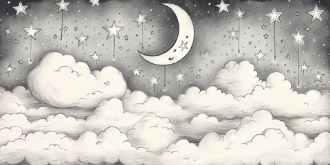 Heavenly Drawing of Night Sky With Stars and Crescent Moon