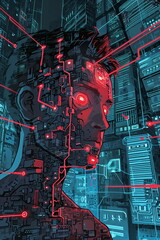 Illustration of a young man as cyborg who is connected to different data streams