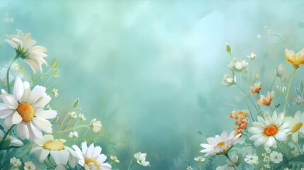Watercolor daisies flowers with blue sky background with empty space for text. 