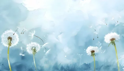 Fotobehang Watercolor dandelion flowers with blue sky background with empty space for text.  © Clip Arts Fusion 